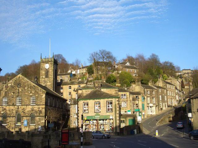 Holmfirth town centre and stone buildings in the valley